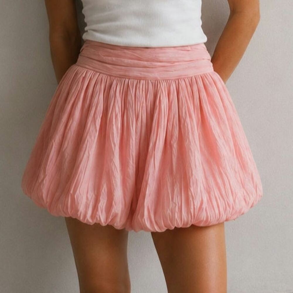 LoveShackFancy Roisen Skirt Womens 0 Pink Crinkled Taffeta A-line Mini